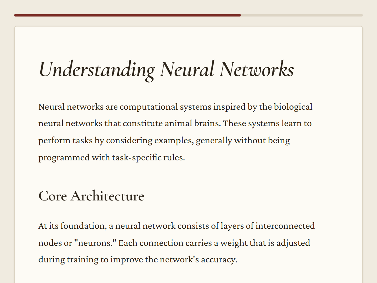 Archivist theme: a lesson page with its heading, body text and reading progress bar.