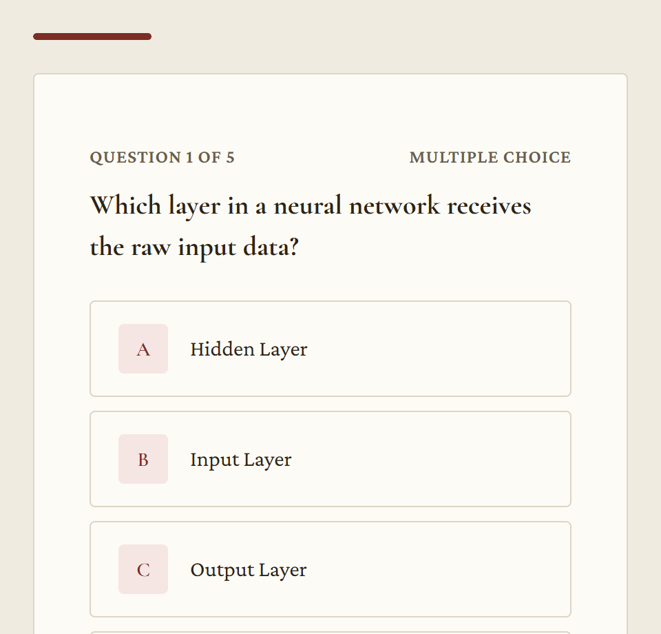 Archivist theme, quiz screen: question 1 of 5 with answer options.