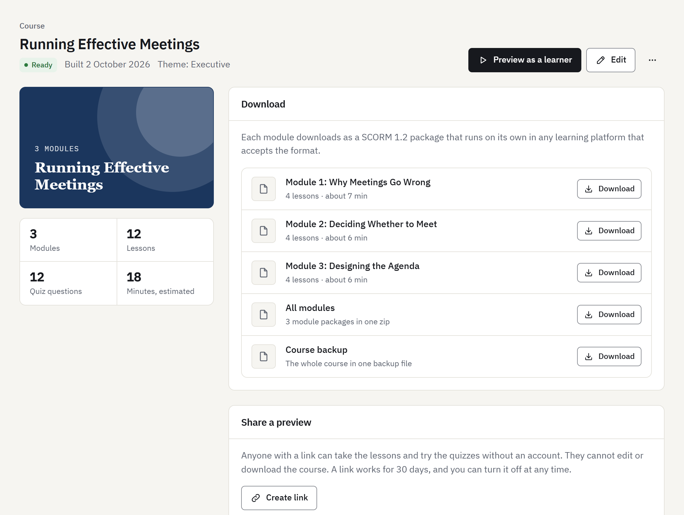 A finished course page: preview as a learner, download buttons for each module, all modules and the course backup, and a section to share a preview link.