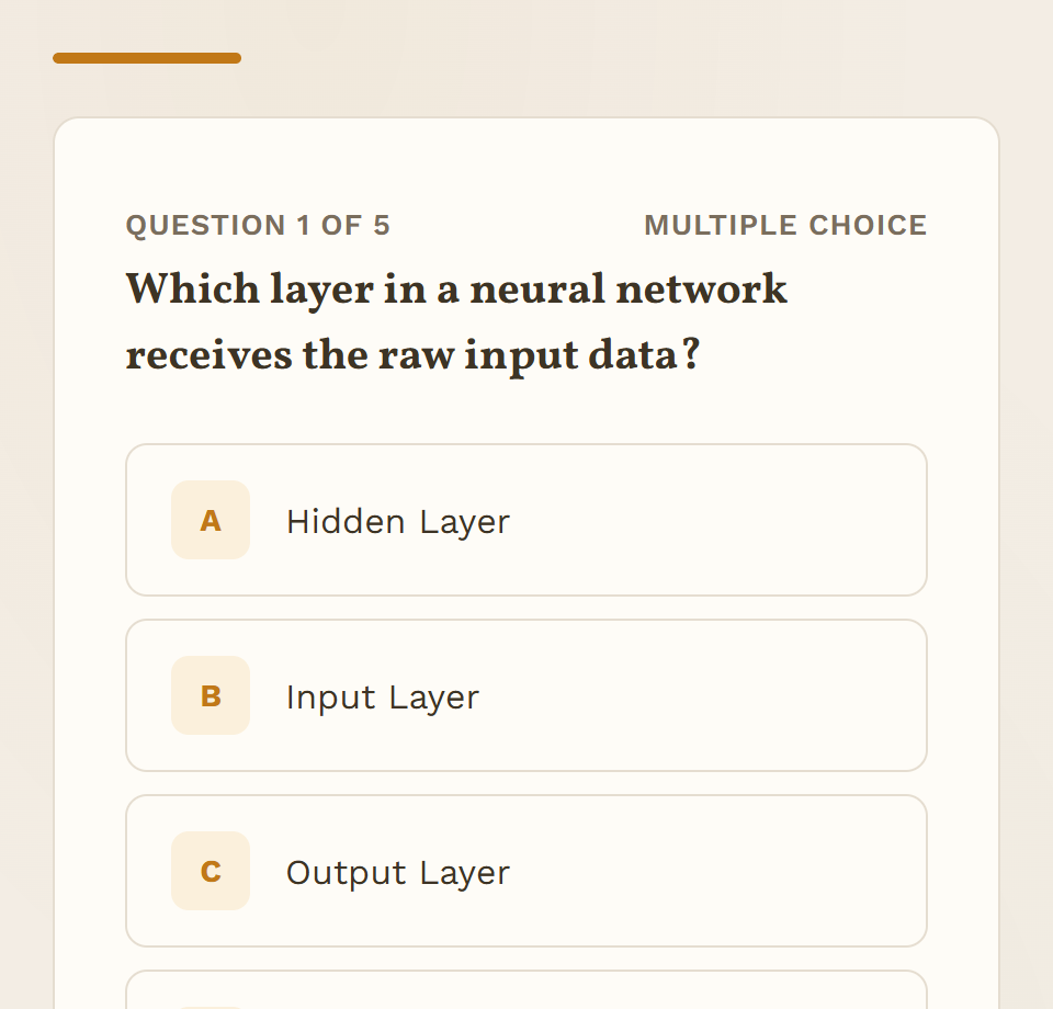 Craft theme, quiz screen: question 1 of 5 with answer options.