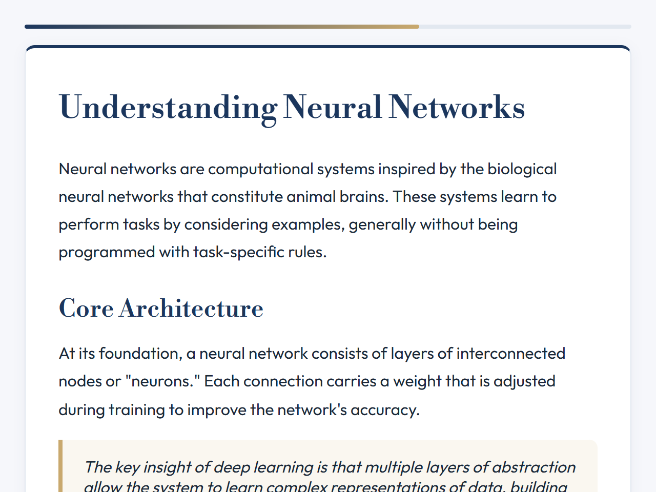 A lesson page in the Executive theme: a serif heading, two paragraphs of body text and a reading progress bar.