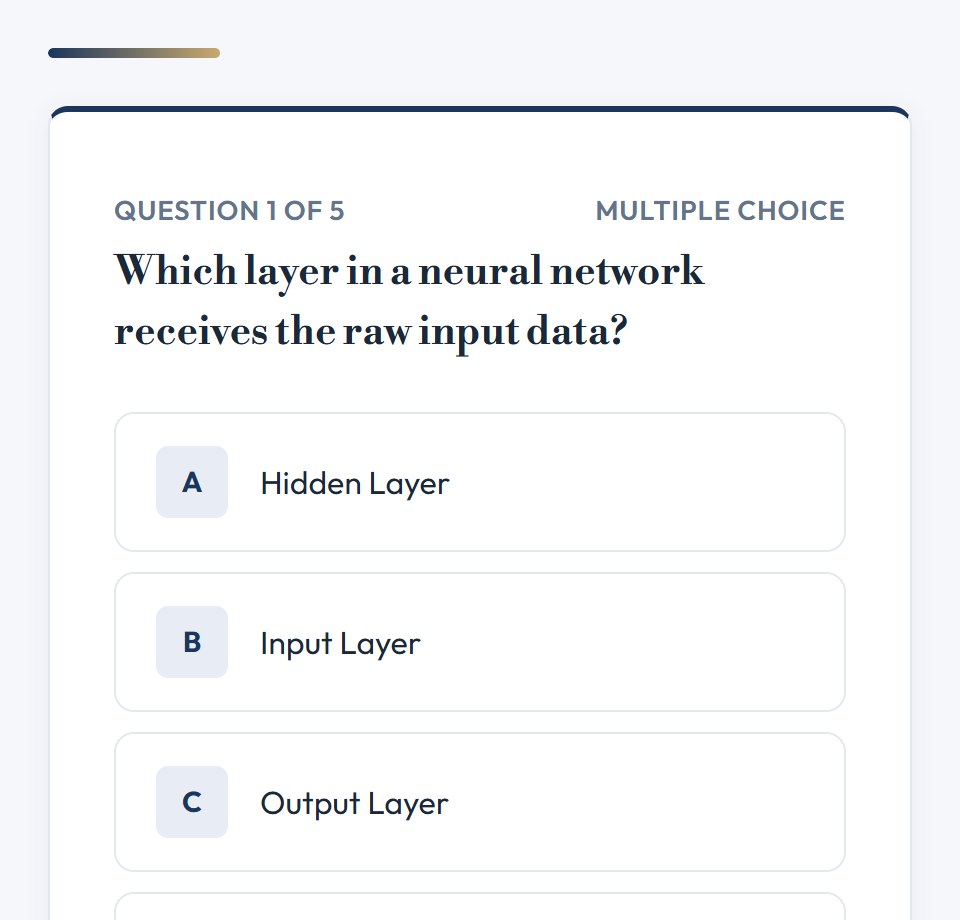 Executive theme, quiz screen: question 1 of 5 with answer options.